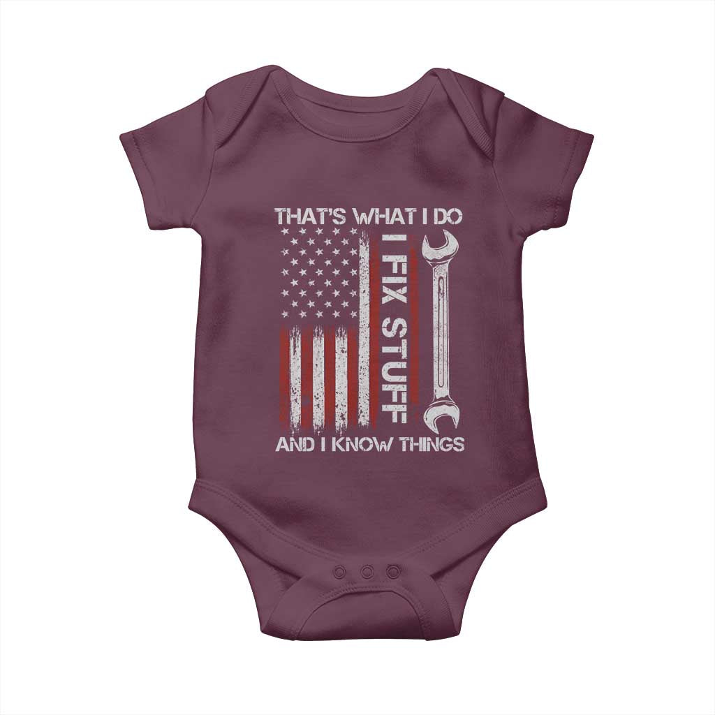 Thats What I Do I Fix Stuff And I Know Things Baby Onesie Funny Mechanic Engineer Vintage American Flag