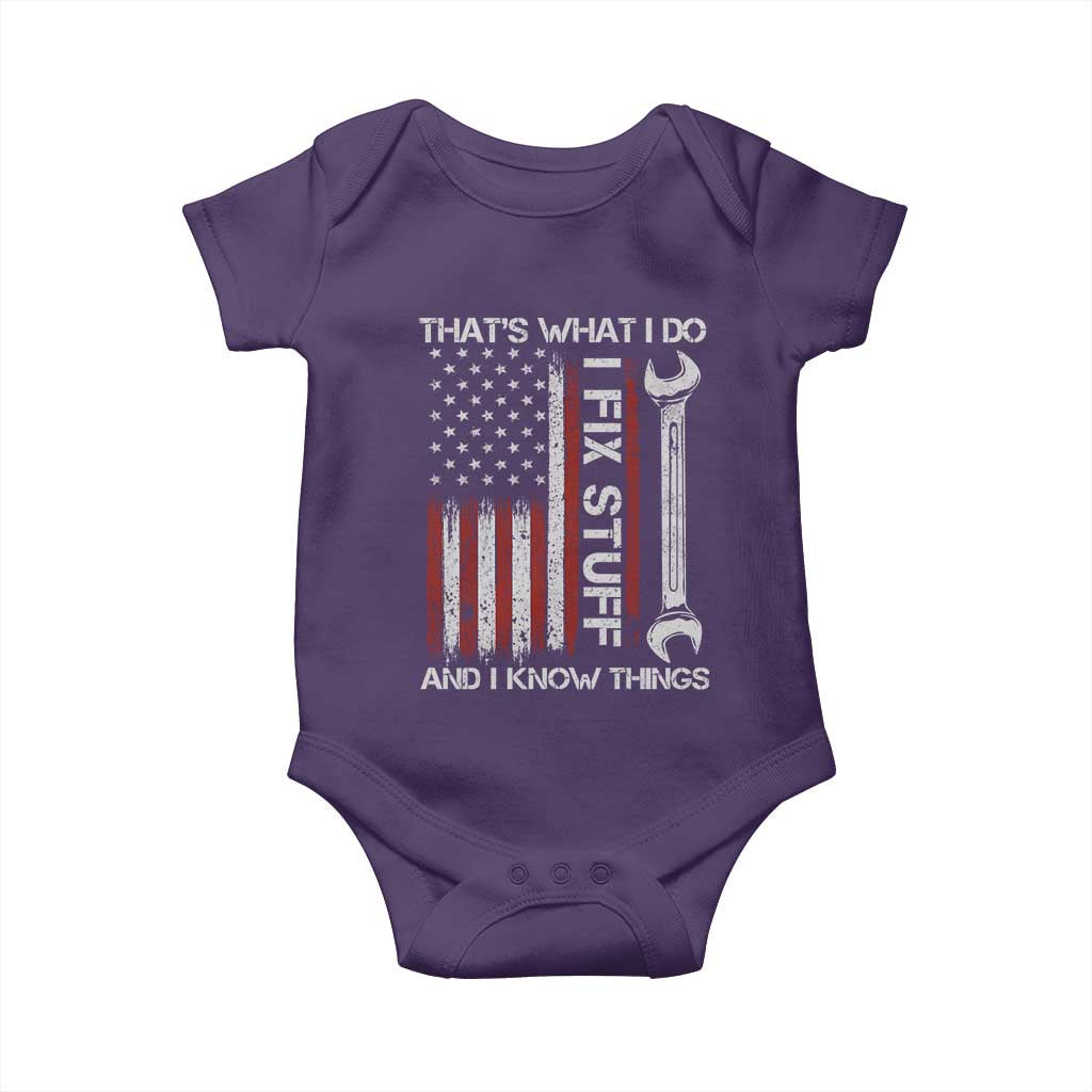 Thats What I Do I Fix Stuff And I Know Things Baby Onesie Funny Mechanic Engineer Vintage American Flag