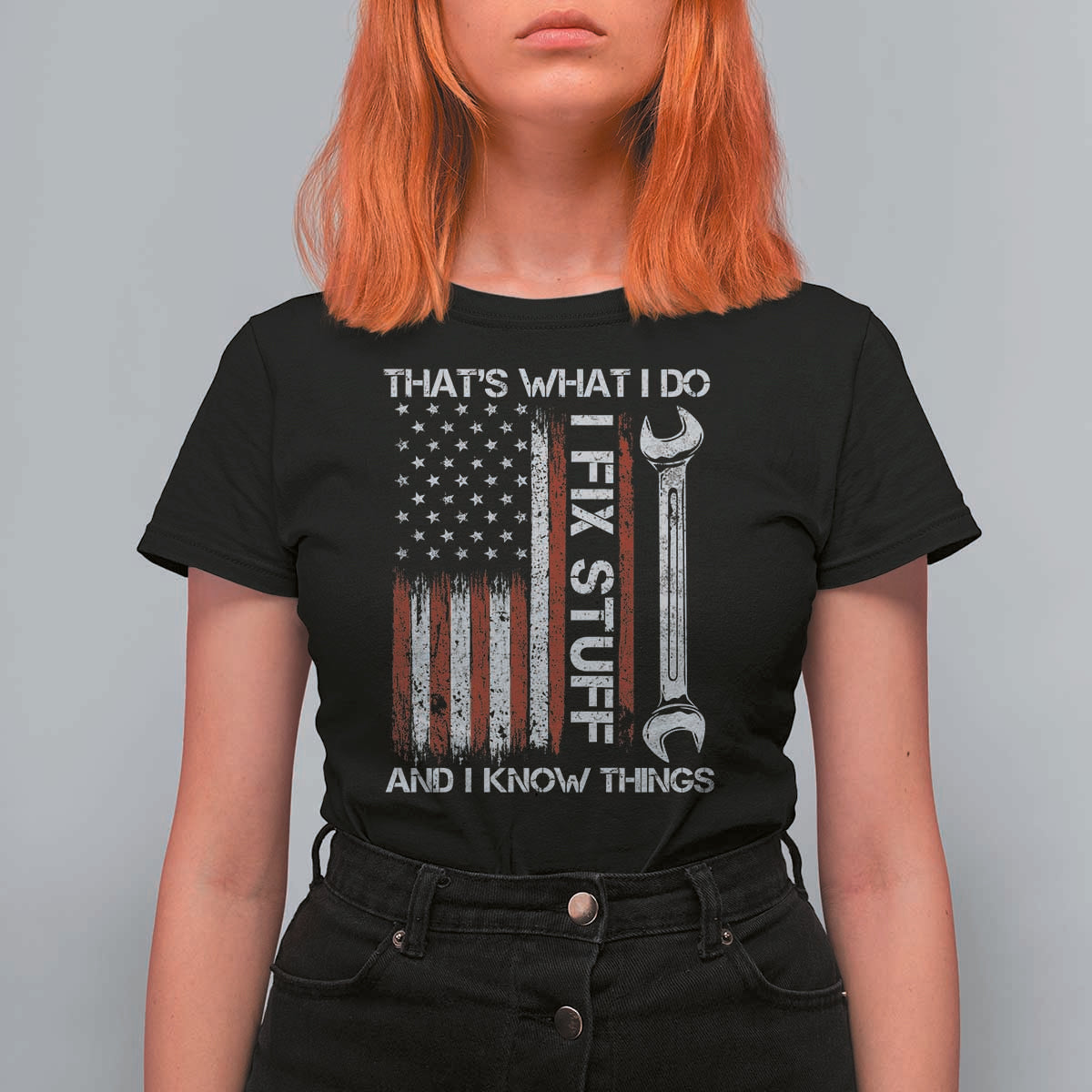 Thats What I Do I Fix Stuff And I Know Things T Shirt For Women Funny Mechanic Engineer Vintage American Flag