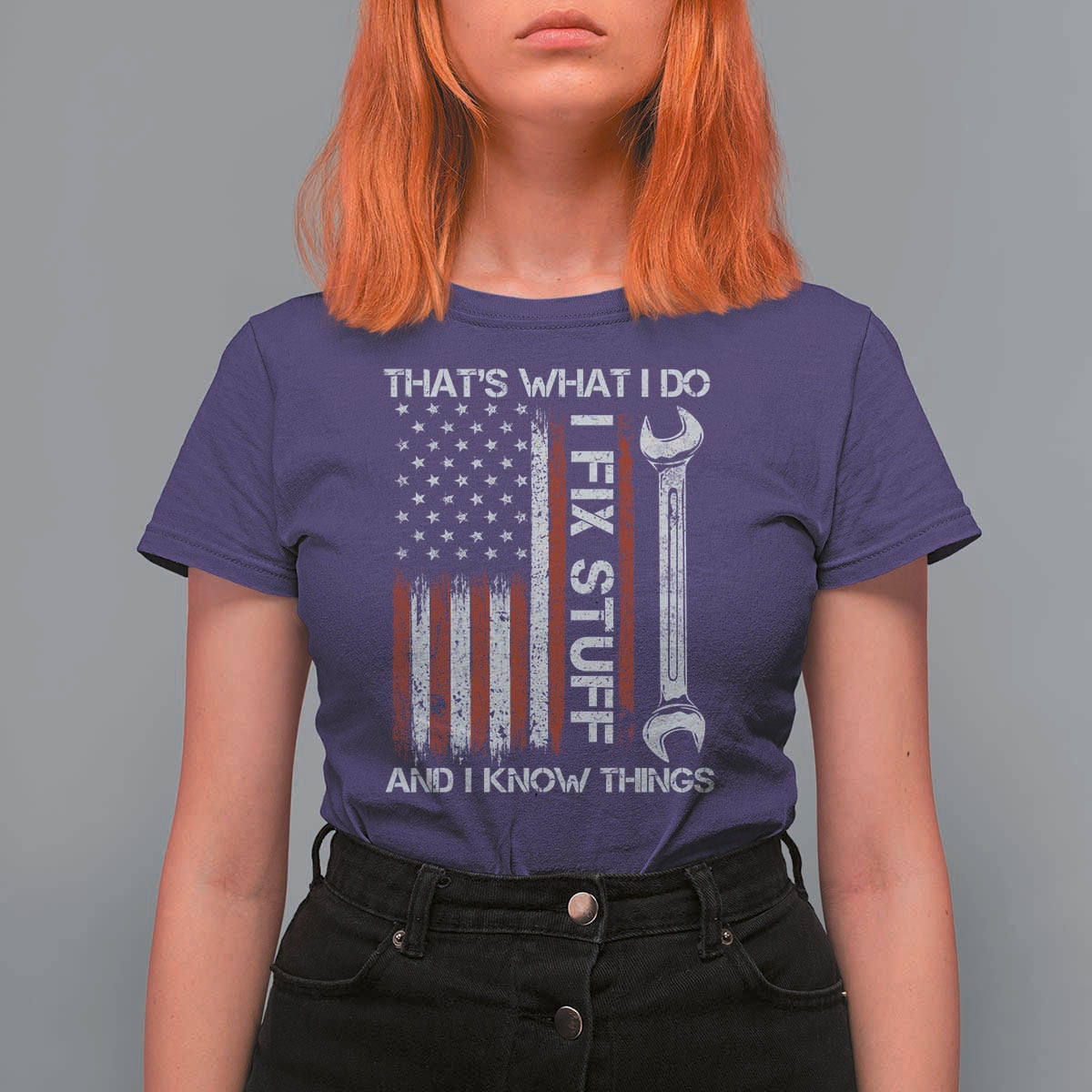 Thats What I Do I Fix Stuff And I Know Things T Shirt For Women Funny Mechanic Engineer Vintage American Flag