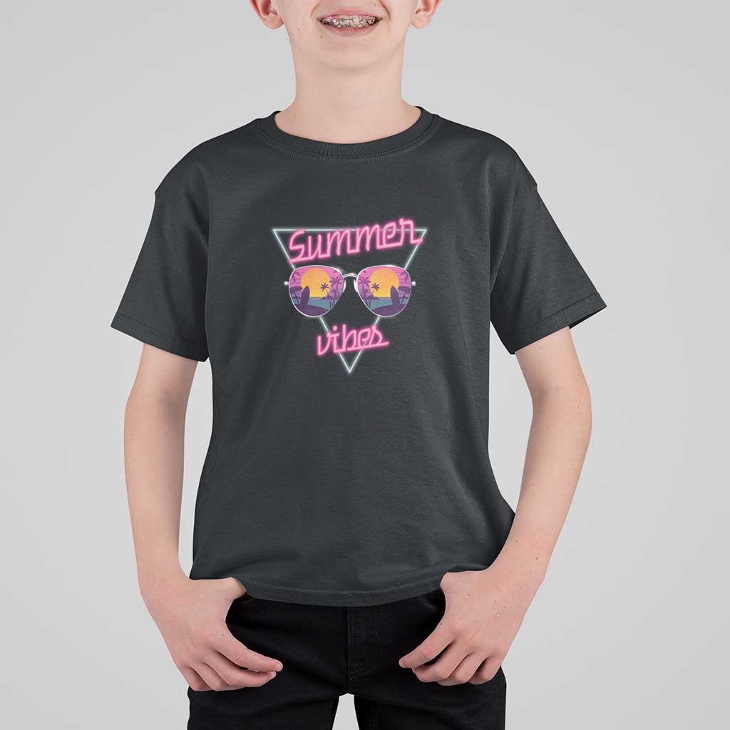 80s Summer Vacation T Shirt For Kid Summer Vibes Neon Sunglasses and Ocean Beach Palm Tree - Wonder Print Shop