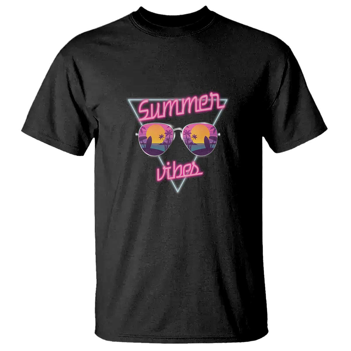 80s Summer Vacation T Shirt Summer Vibes Neon Sunglasses and Ocean Beach Palm Tree - Wonder Print Shop