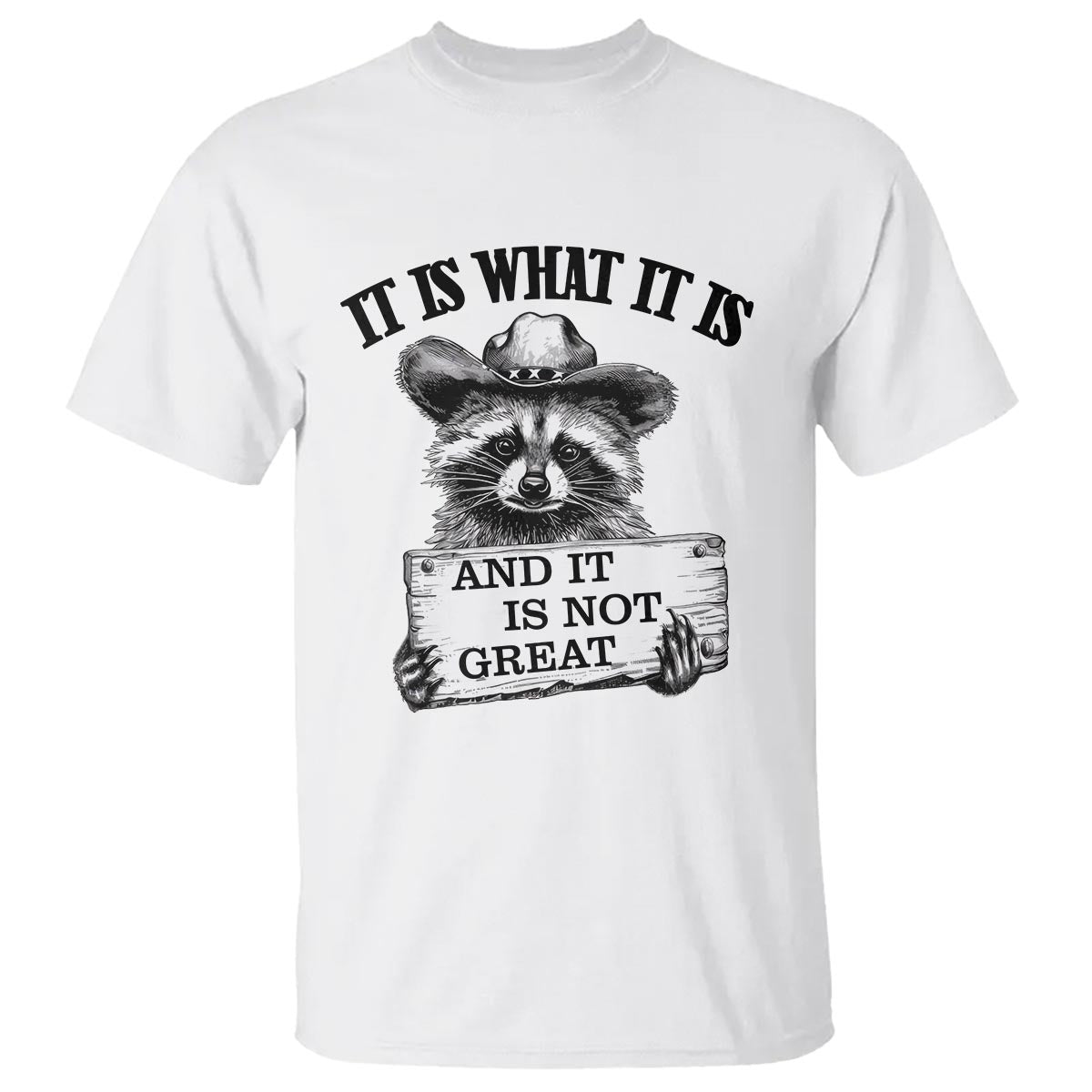 Funny Raccoon T Shirt It Is What It Is And It Is Not Great Text Display Board - Wonder Print Shop