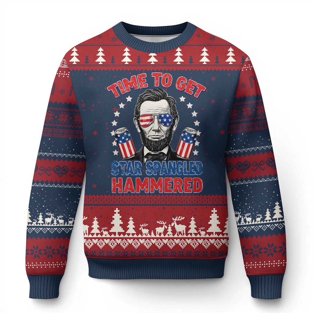 Time To Get Star Spangled Hammered Abraham Lincoln Ugly Christmas Sweater Funny 4th of July