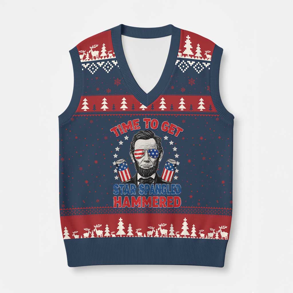 Time To Get Star Spangled Hammered Abraham Lincoln V-Neck Knit Sweater Vest Funny 4th of July
