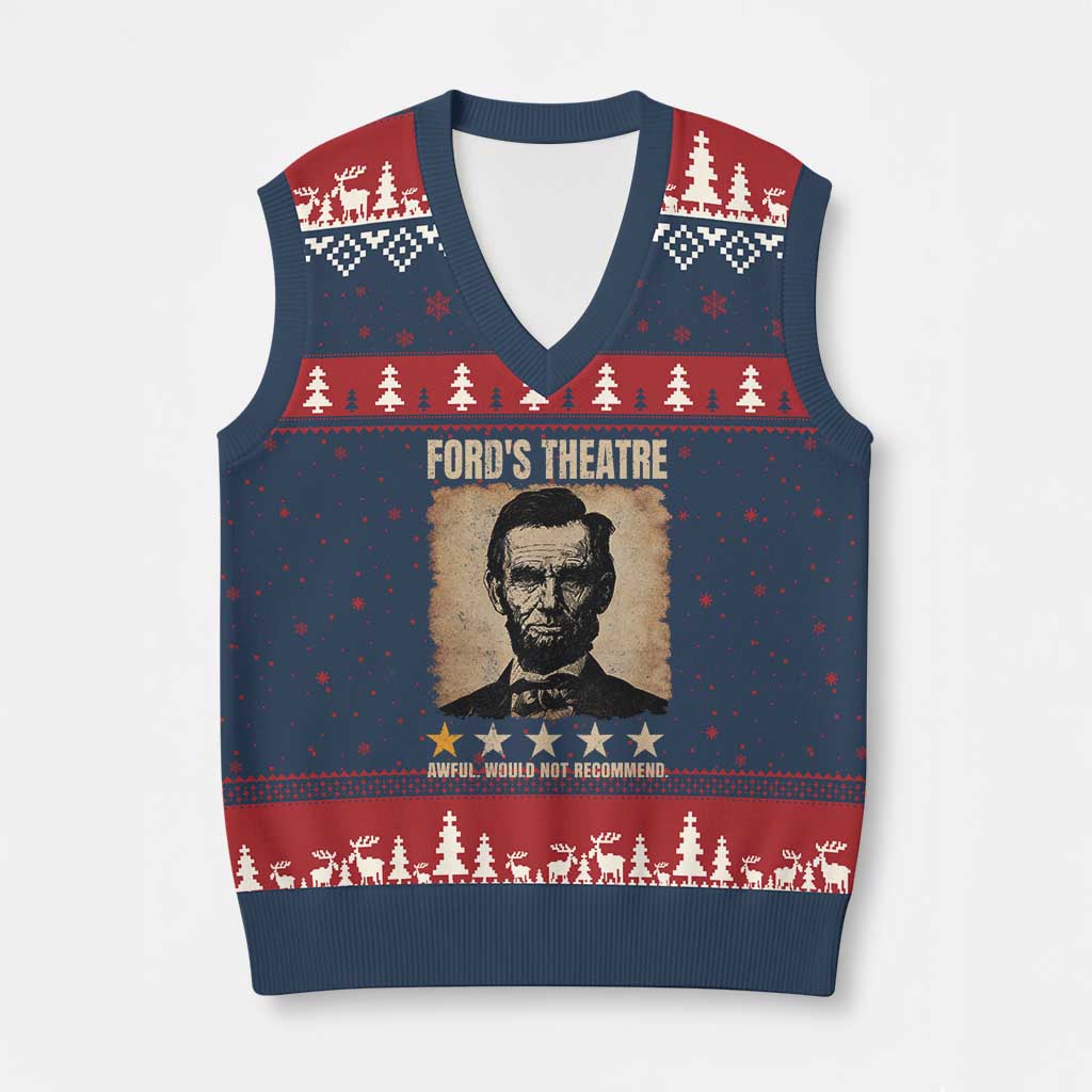 Abraham Lincoln Ford's Theatre V-Neck Knit Sweater Vest Awful Would Not Recommend Funny US History