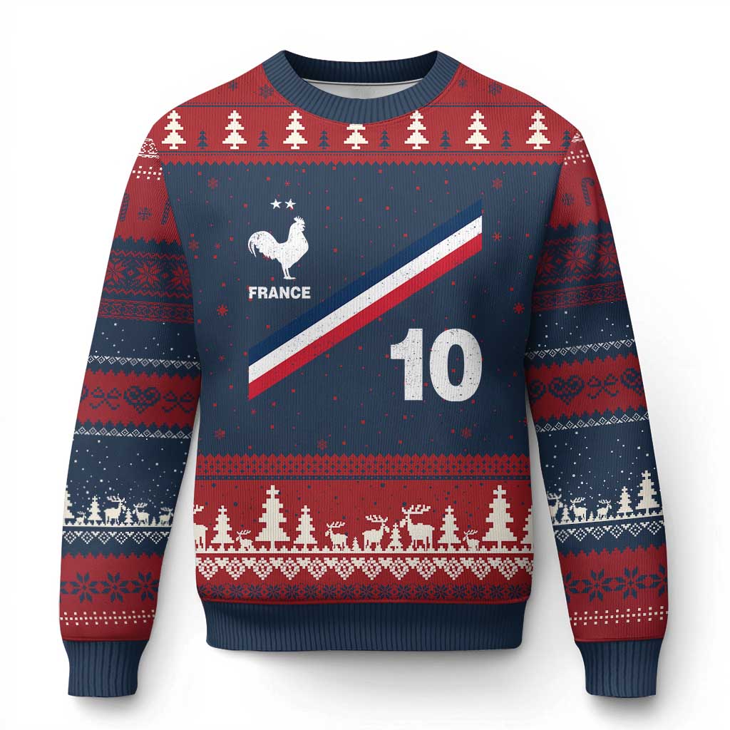 France Football Coq Ugly Christmas Sweater French Flag Stripes Number 10 Athletic Soccer National Pride