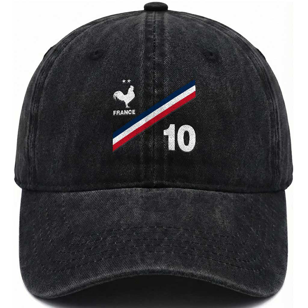 France Football Coq Washed Cotton Baseball Cap French Flag Stripes Number 10 Athletic Soccer National Pride