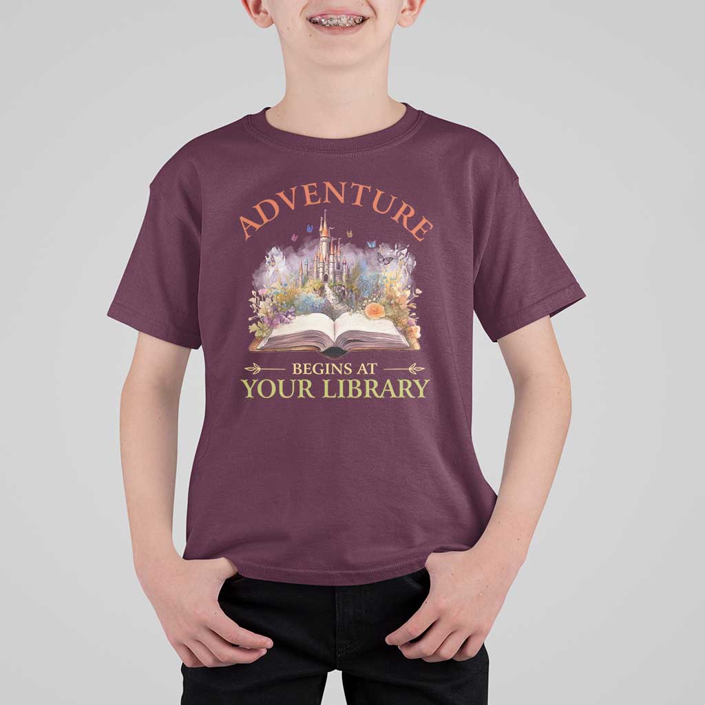 Book Reader T Shirt For Kid Adventure Begins At Your Library Castle Flower Librarian - Wonder Print Shop