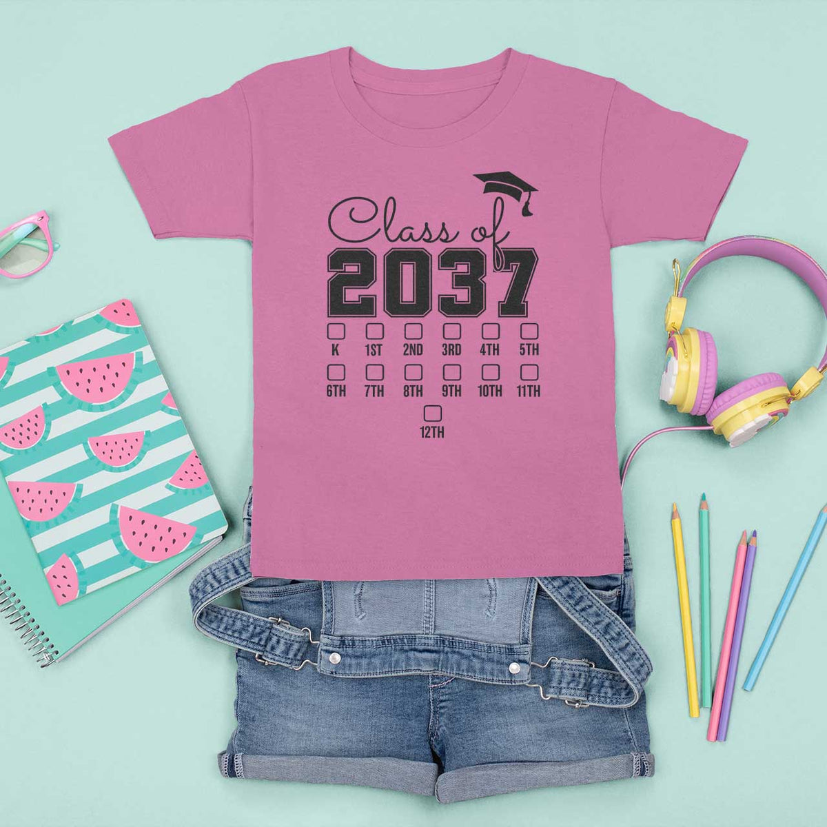 Class of 2037 T Shirt For Kid Grow With Me Pre-k To 12th Grade Handprint Mortarboard - Wonder Print Shop