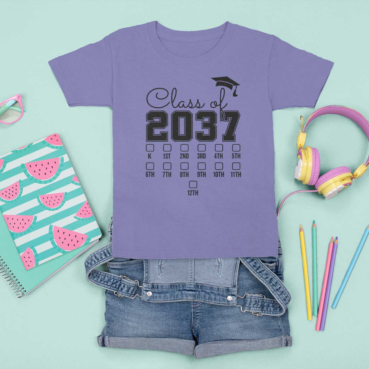 Class of 2037 T Shirt For Kid Grow With Me Pre-k To 12th Grade Handprint Mortarboard - Wonder Print Shop