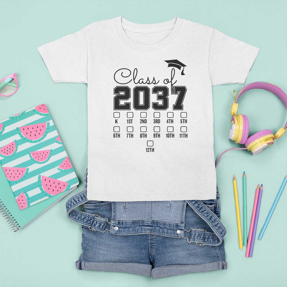 Class of 2037 T Shirt For Kid Grow With Me Pre-k To 12th Grade Handprint Mortarboard - Wonder Print Shop