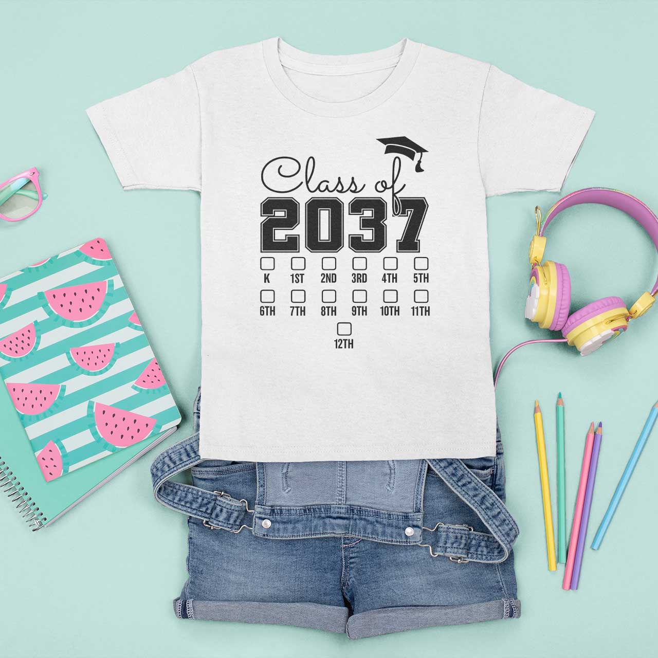 Class of 2037 T Shirt For Kid Grow With Me Pre-k To 12th Grade Handprint Mortarboard - Wonder Print Shop