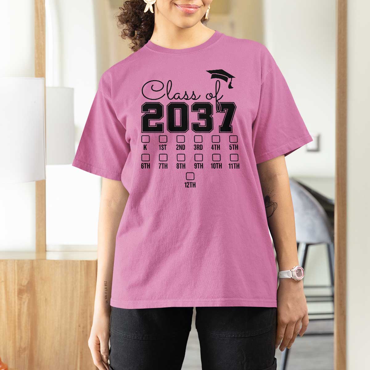 Class of 2037 T Shirt For Women Grow With Me Pre-k To 12th Grade Handprint Mortarboard - Wonder Print Shop