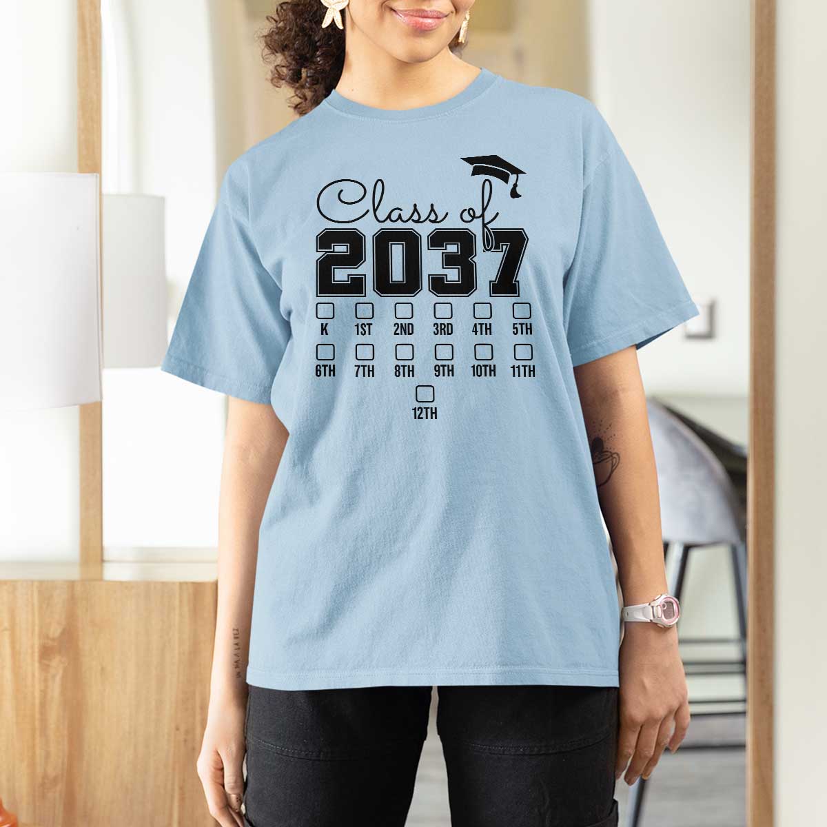 Class of 2037 T Shirt For Women Grow With Me Pre-k To 12th Grade Handprint Mortarboard - Wonder Print Shop