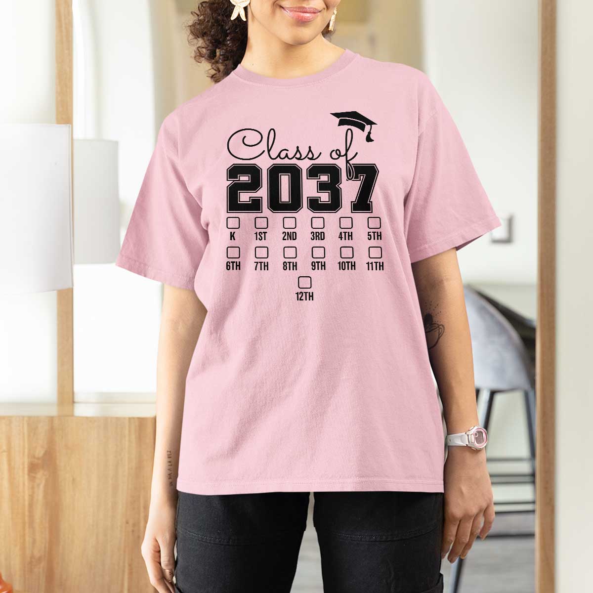 Class of 2037 T Shirt For Women Grow With Me Pre-k To 12th Grade Handprint Mortarboard - Wonder Print Shop