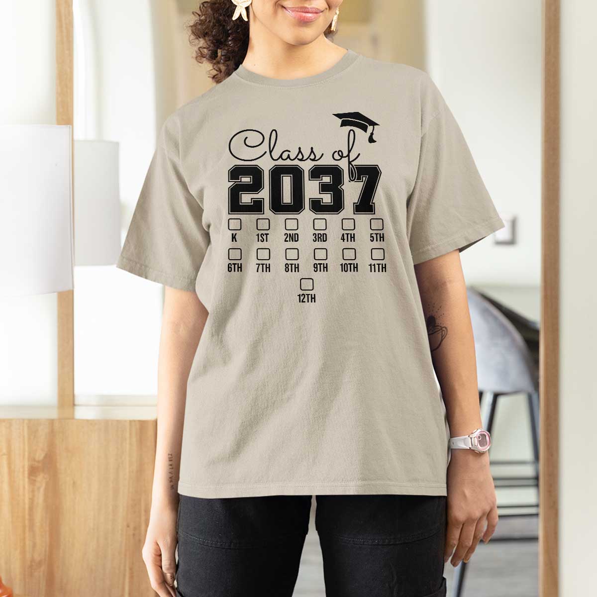 Class of 2037 T Shirt For Women Grow With Me Pre-k To 12th Grade Handprint Mortarboard - Wonder Print Shop