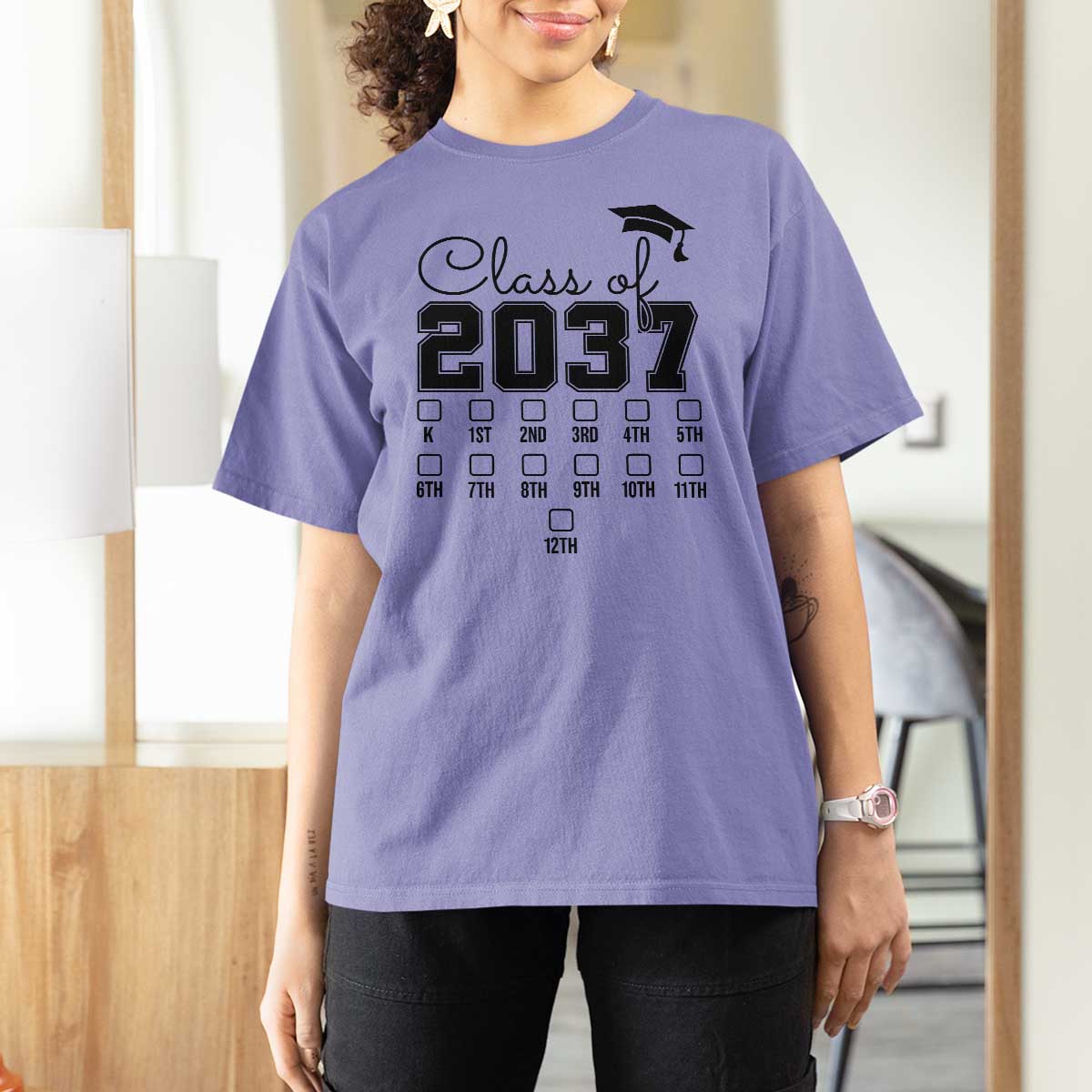 Class of 2037 T Shirt For Women Grow With Me Pre-k To 12th Grade Handprint Mortarboard - Wonder Print Shop
