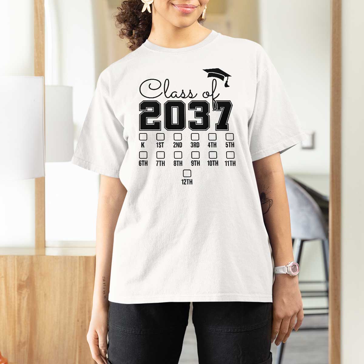 Class of 2037 T Shirt For Women Grow With Me Pre-k To 12th Grade Handprint Mortarboard - Wonder Print Shop