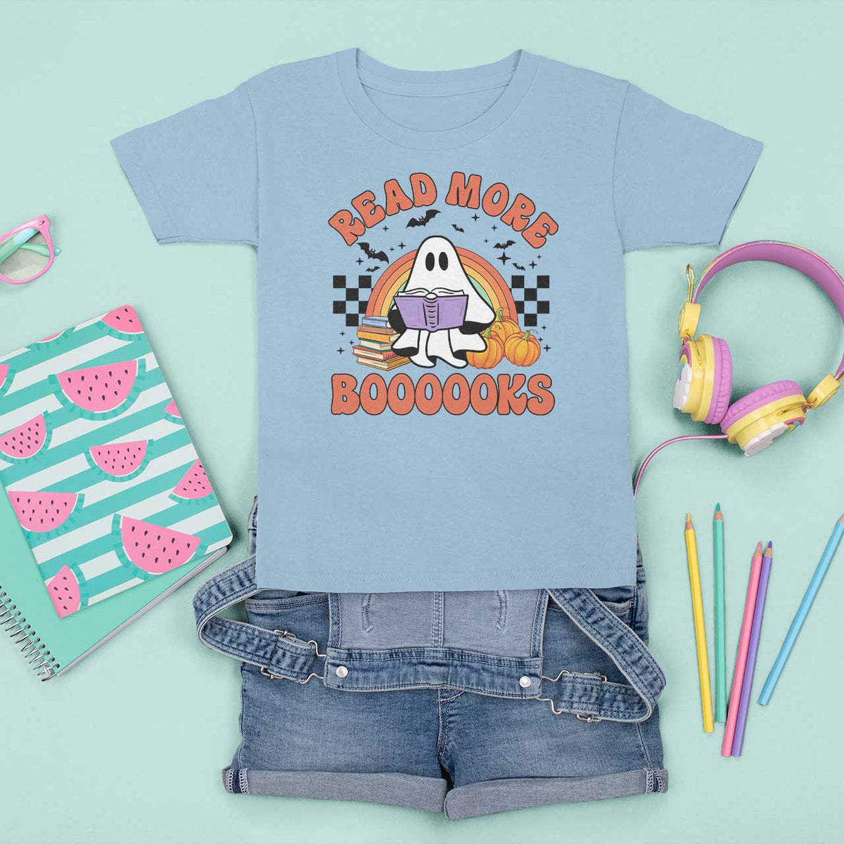 Halloween Teacher T Shirt For Kid Read More Books Cute Ghost Reading Pumpkin - Wonder Print Shop