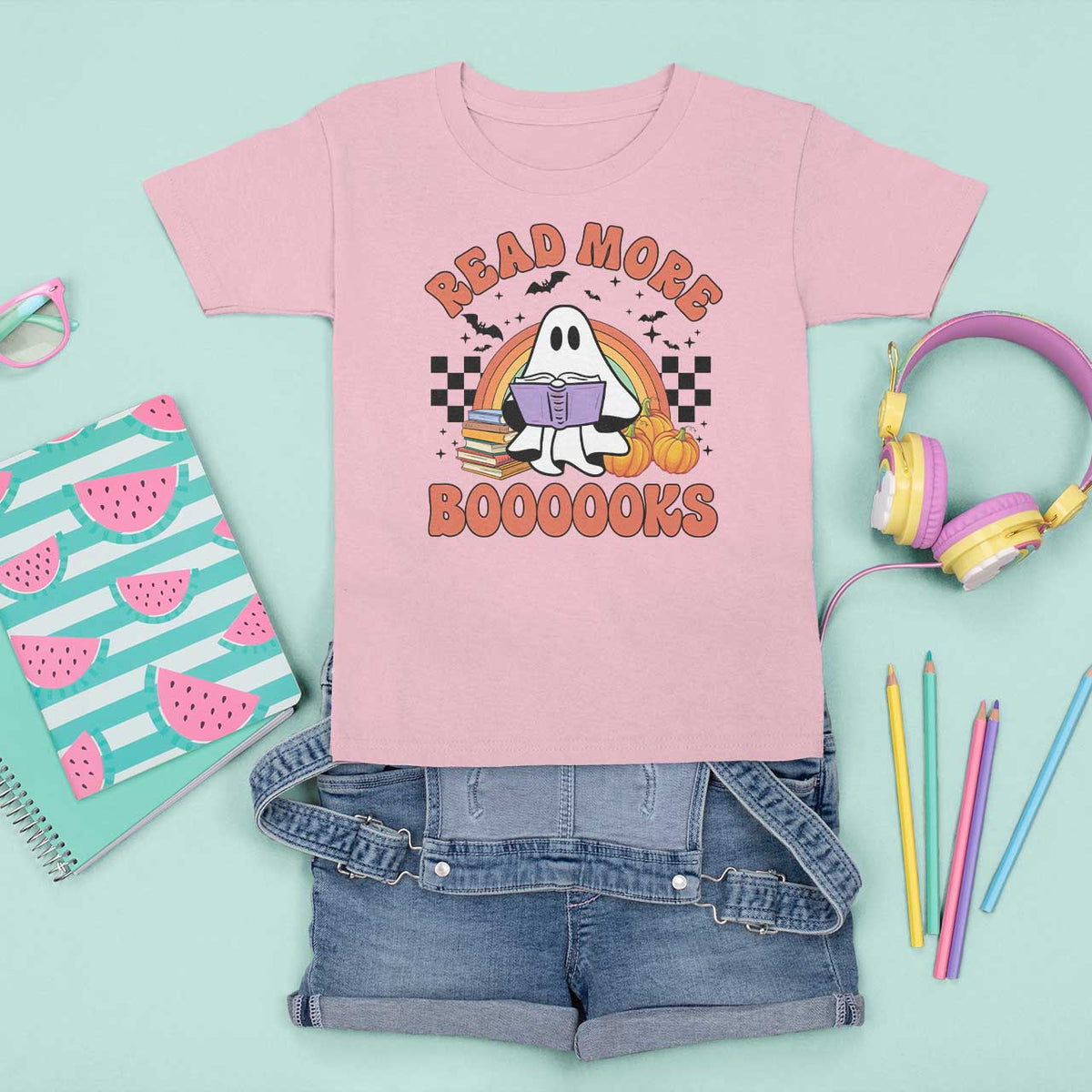 Halloween Teacher T Shirt For Kid Read More Books Cute Ghost Reading Pumpkin - Wonder Print Shop