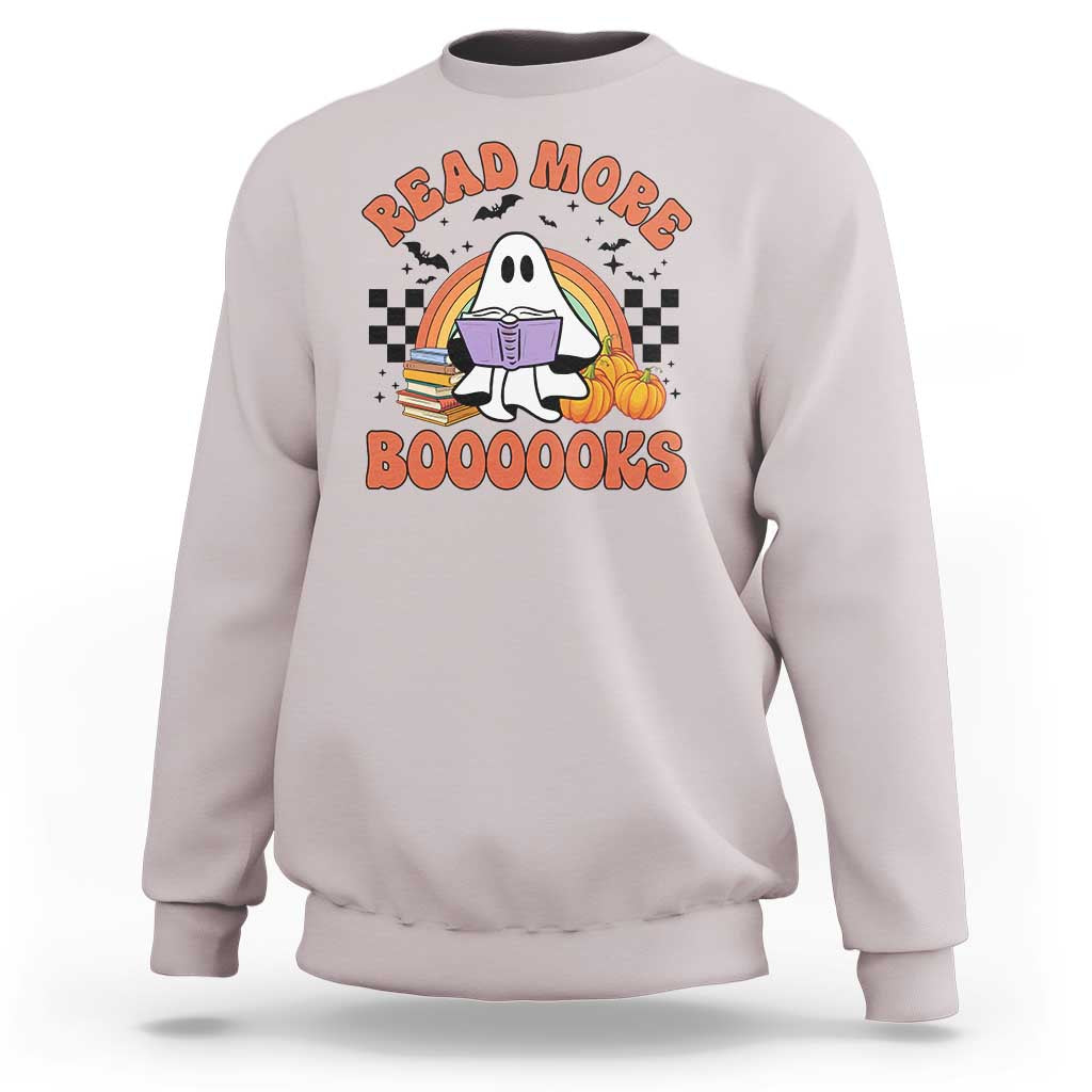 Halloween Teacher Sweatshirt Read More Books Cute Ghost Reading Pumpkin - Wonder Print Shop
