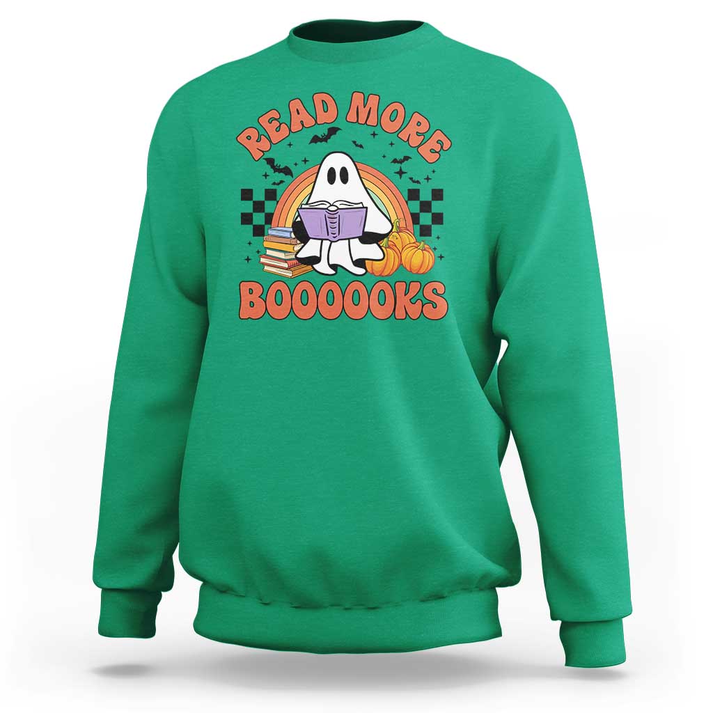 Halloween Teacher Sweatshirt Read More Books Cute Ghost Reading Pumpkin - Wonder Print Shop