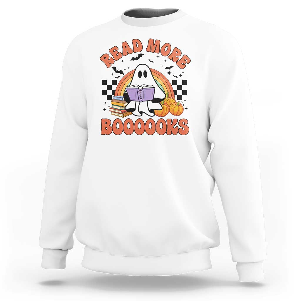 Halloween Teacher Sweatshirt Read More Books Cute Ghost Reading Pumpkin - Wonder Print Shop