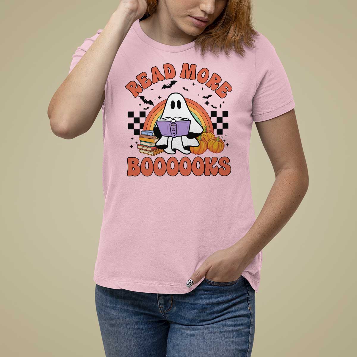 Halloween Teacher T Shirt For Women Read More Books Cute Ghost Reading Pumpkin - Wonder Print Shop