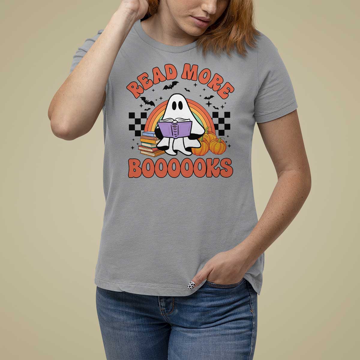 Halloween Teacher T Shirt For Women Read More Books Cute Ghost Reading Pumpkin - Wonder Print Shop