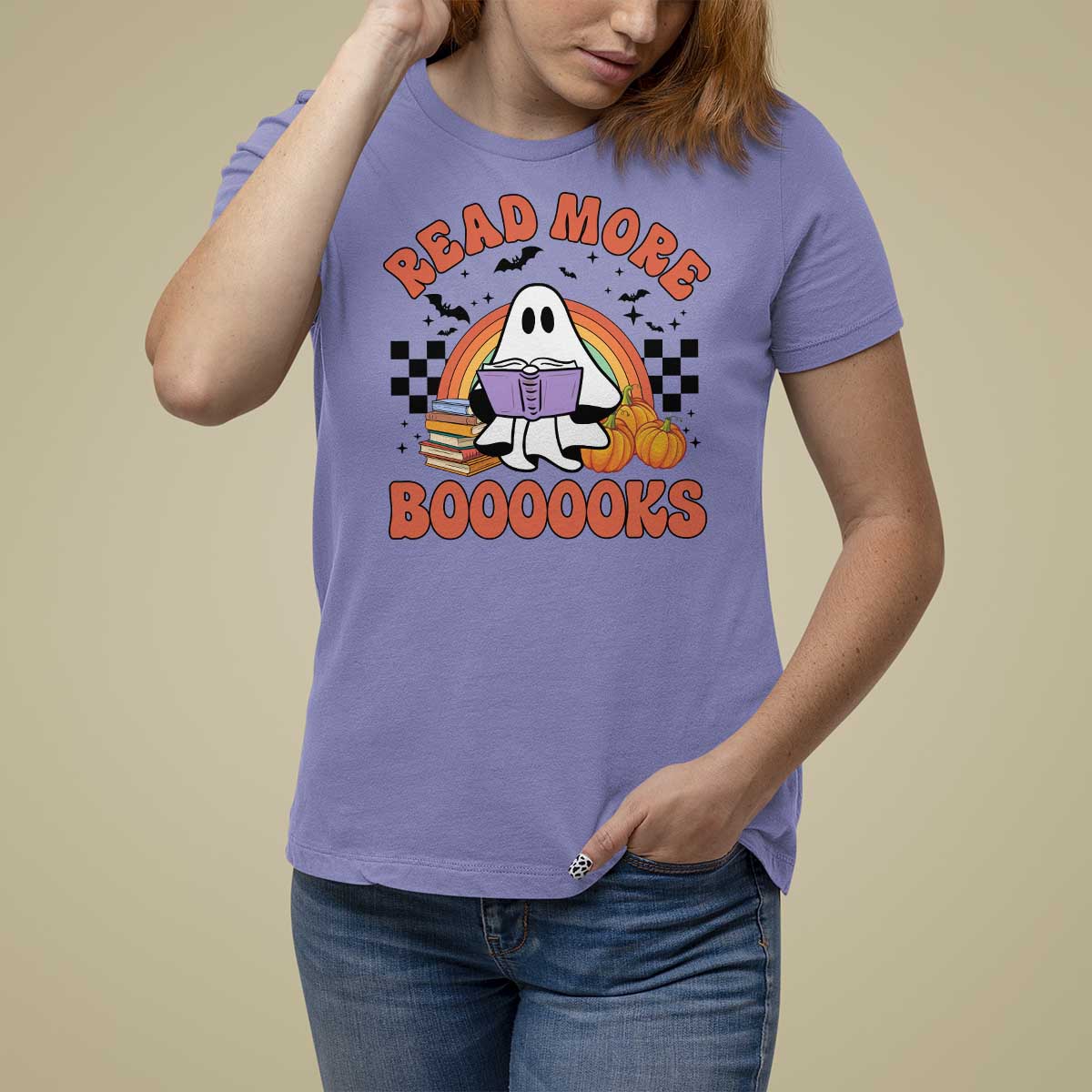 Halloween Teacher T Shirt For Women Read More Books Cute Ghost Reading Pumpkin - Wonder Print Shop