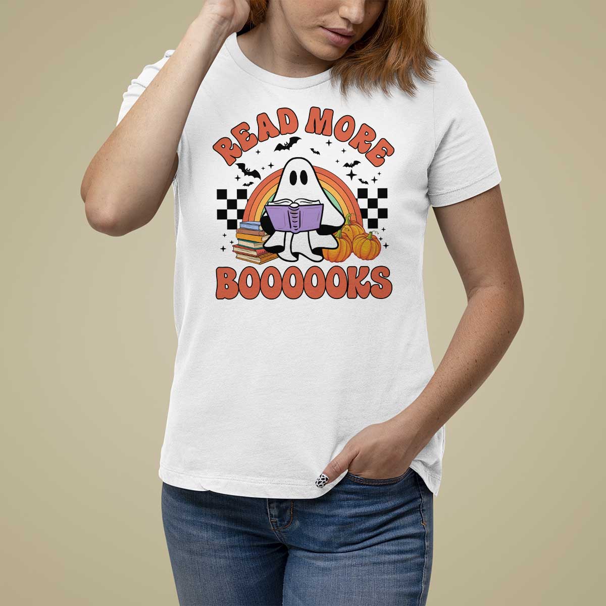 Halloween Teacher T Shirt For Women Read More Books Cute Ghost Reading Pumpkin - Wonder Print Shop