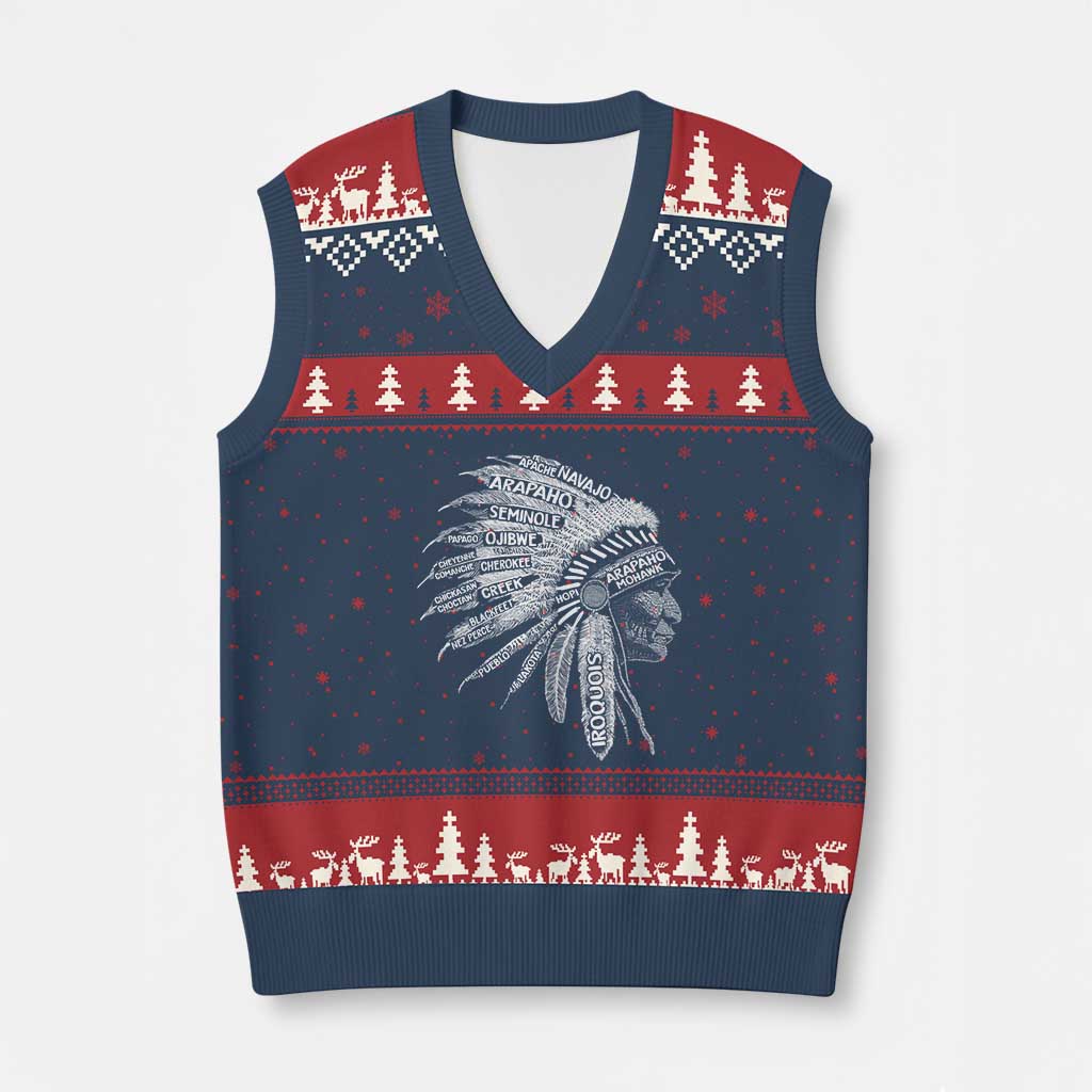 Native American Tribes V-Neck Knit Sweater Vest Vintage Indian American Chief - Wonder Print Shop
