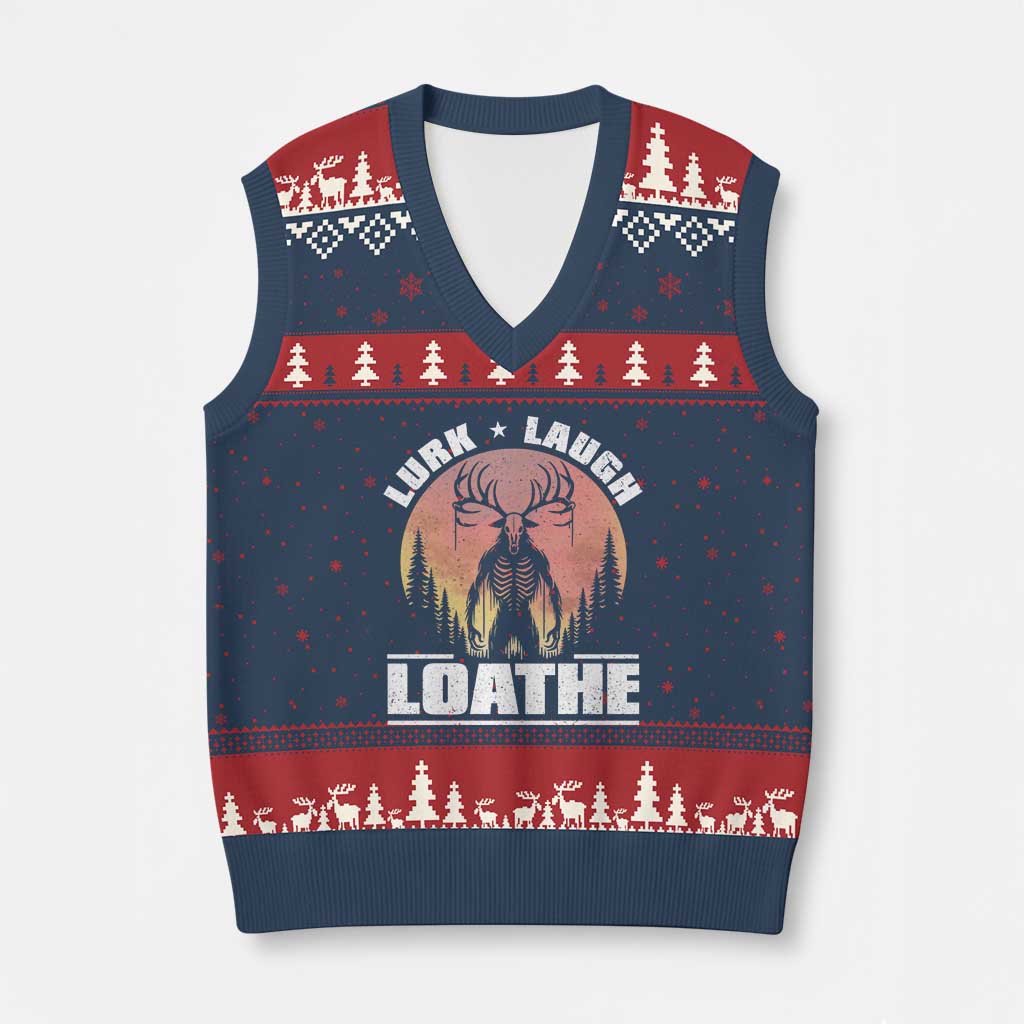 Funny Wendigo Cryptid Lurk Laugh Loathe V-Neck Knit Sweater Vest - Wonder Print Shop
