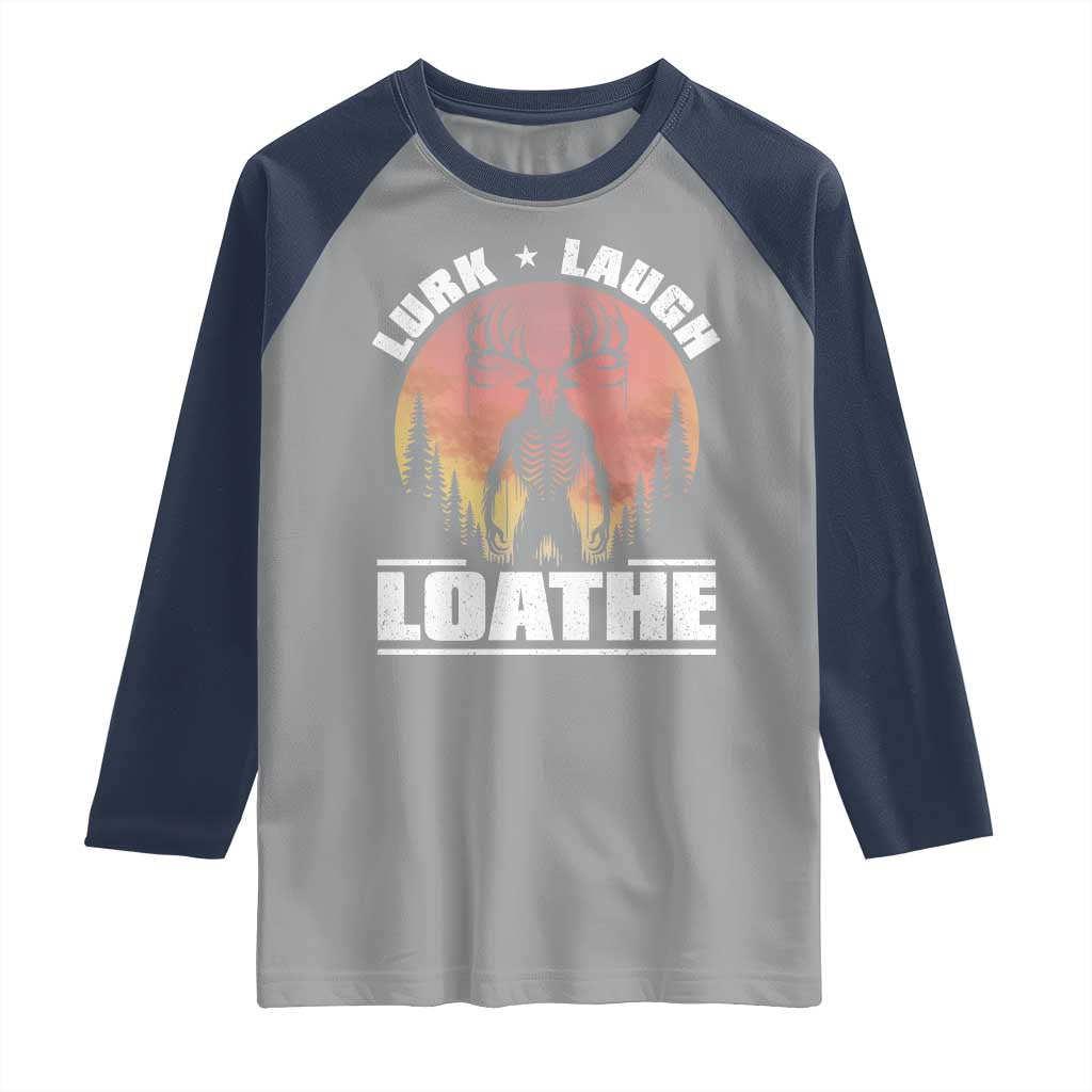 Funny Wendigo Cryptid Lurk Laugh Loathe Raglan Shirt - Wonder Print Shop