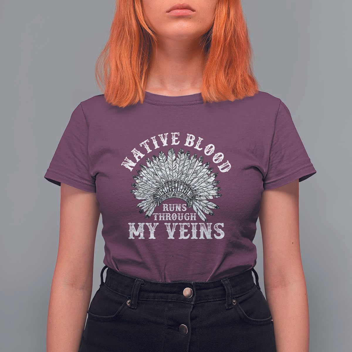 Native Blood Runs Through My Veins T Shirt For Women Native American War Bonnet - Wonder Print Shop