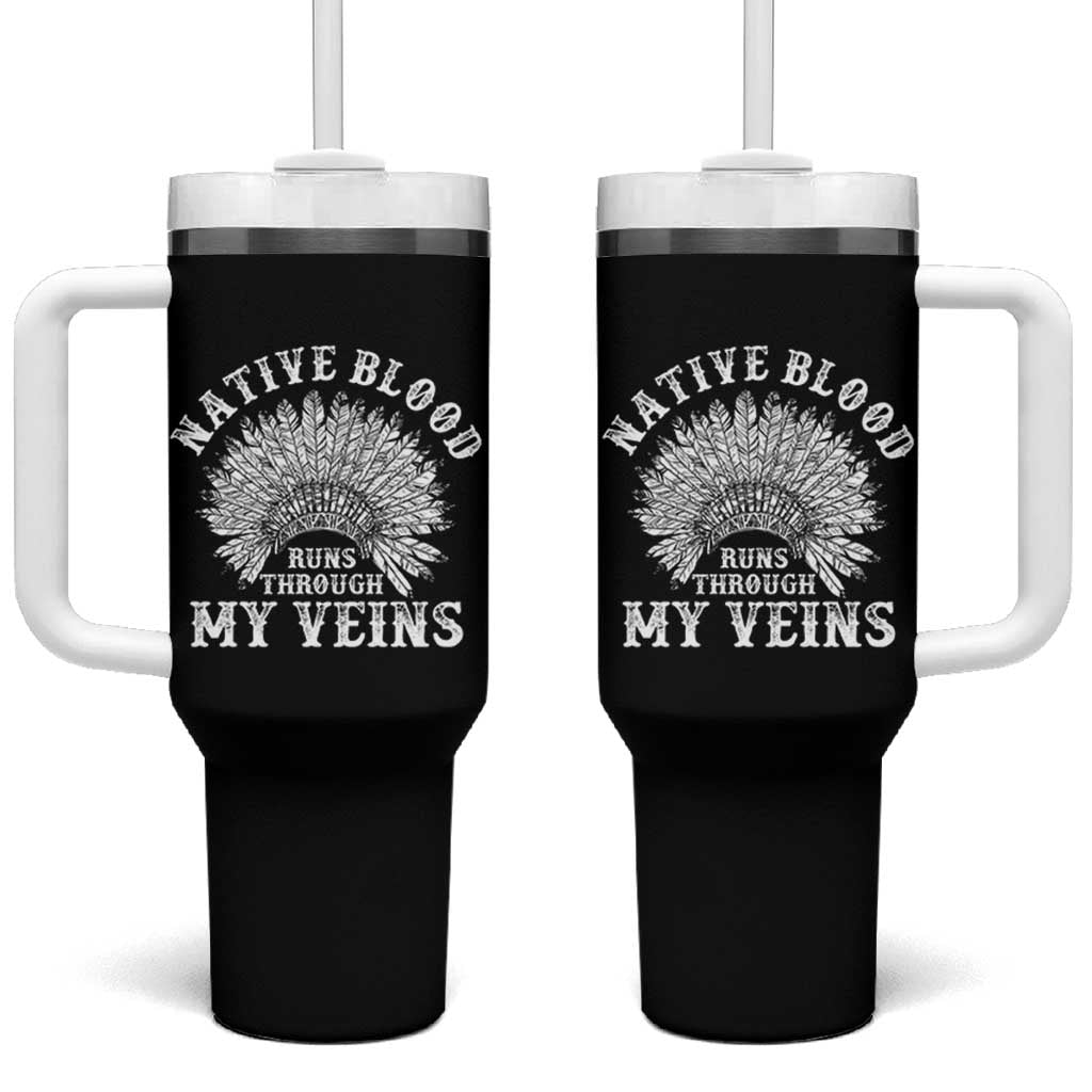 Native Blood Runs Through My Veins Tumbler With Handle Native American War Bonnet - Wonder Print Shop