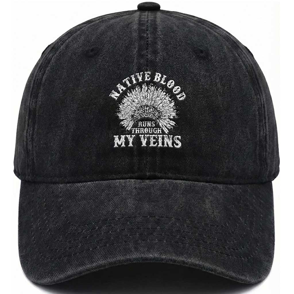 Native Blood Runs Through My Veins Washed Cotton Baseball Cap Native American War Bonnet