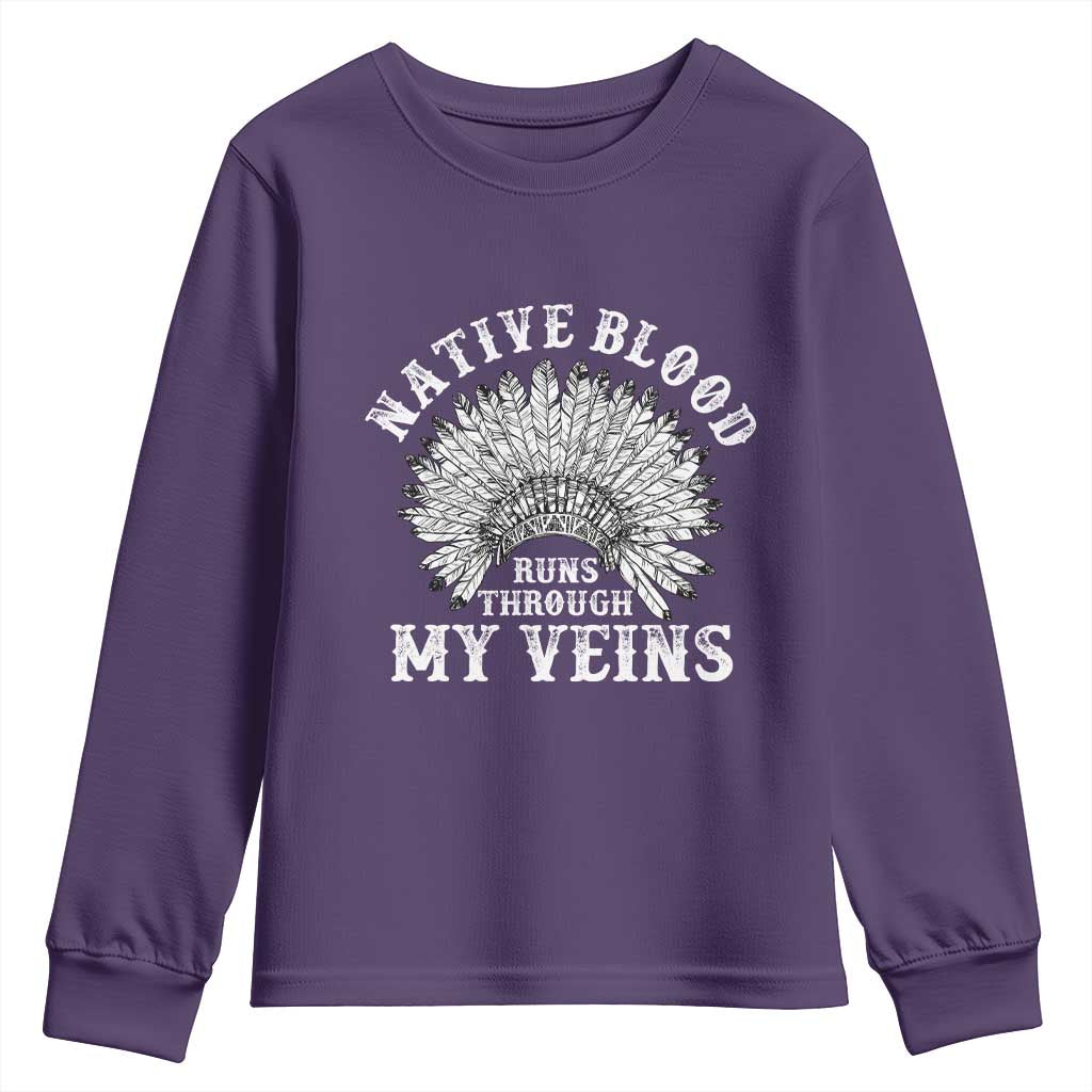 Native Blood Runs Through My Veins Youth Sweatshirt Native American War Bonnet - Wonder Print Shop