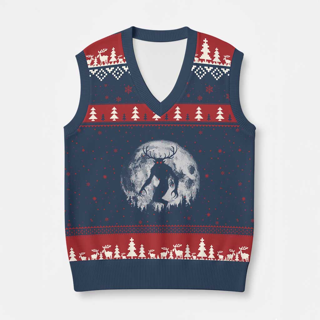 Wendigo Monster V-Neck Knit Sweater Vest Skinwalker Night Stroll Cryptid Full Moon - Wonder Print Shop