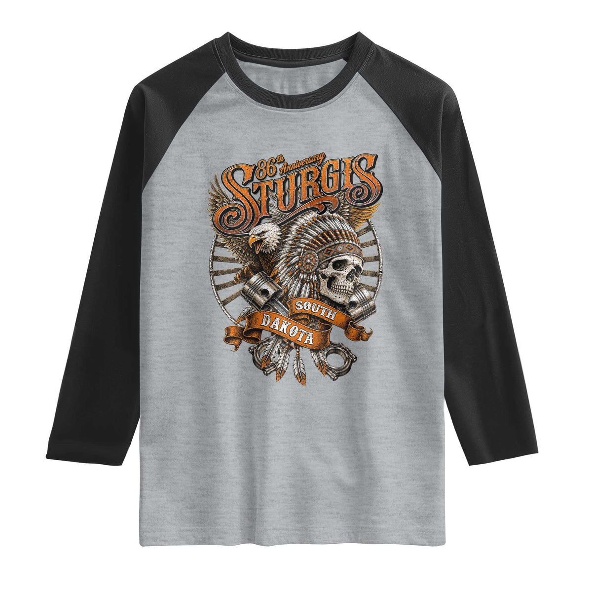 Sturgis South Dakota Indian American Rider Skull 86th Anniversary Raglan Shirt