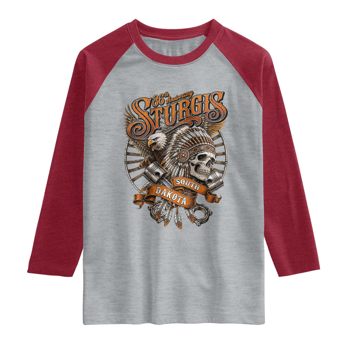 Sturgis South Dakota Indian American Rider Skull 86th Anniversary Raglan Shirt