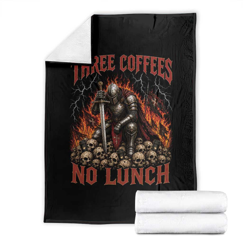 Three Coffees No Lunch Throw Blanket Funny Medieval Knight Coffee Lover