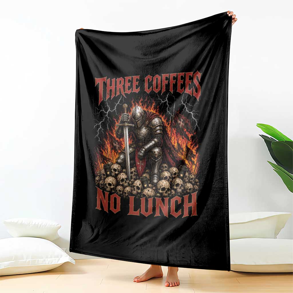 Three Coffees No Lunch Throw Blanket Funny Medieval Knight Coffee Lover