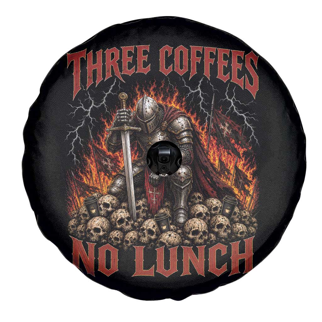 Three Coffees No Lunch Spare Tire Cover Funny Medieval Knight Coffee Lover
