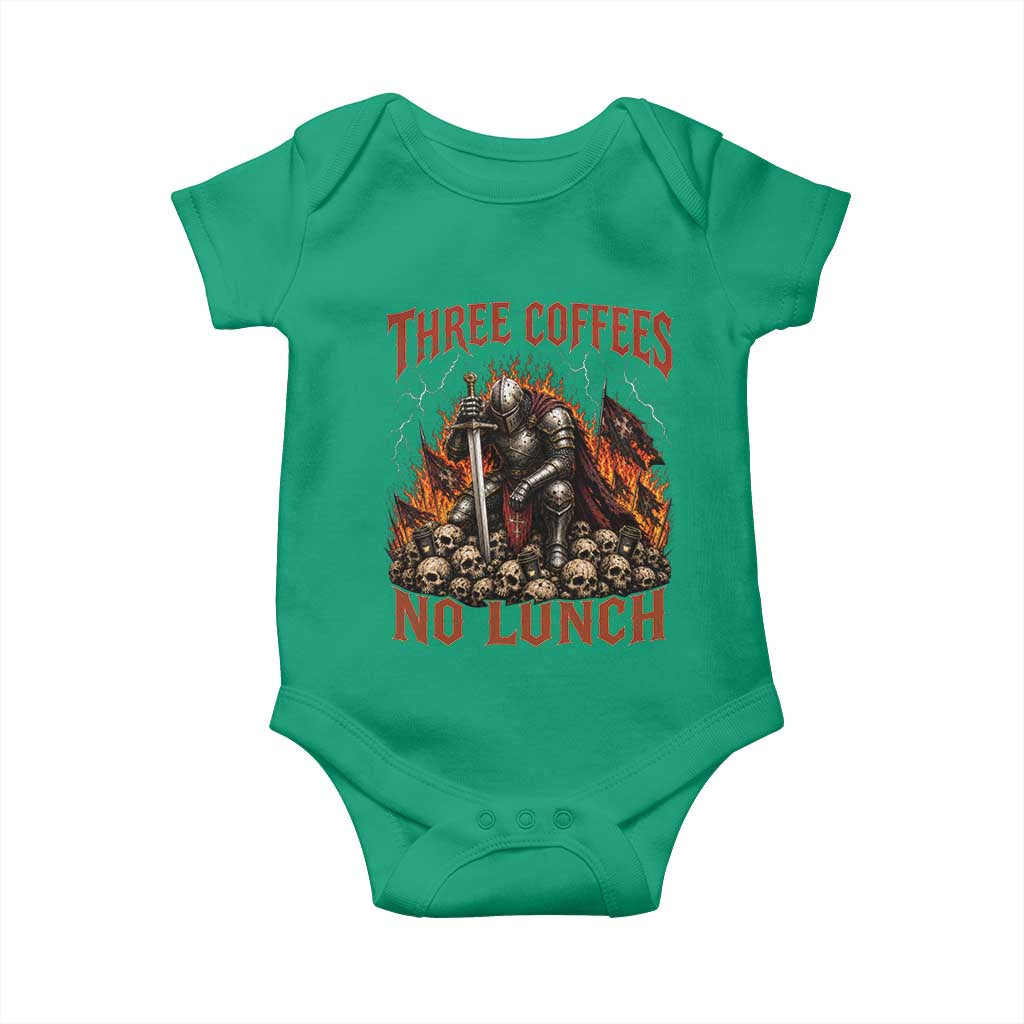 Three Coffees No Lunch Baby Onesie Funny Medieval Knight Coffee Lover