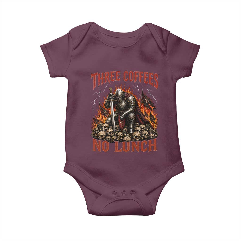 Three Coffees No Lunch Baby Onesie Funny Medieval Knight Coffee Lover