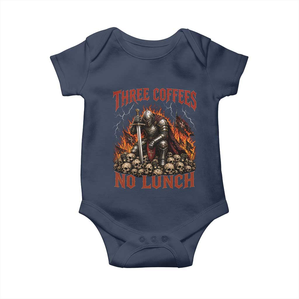 Three Coffees No Lunch Baby Onesie Funny Medieval Knight Coffee Lover