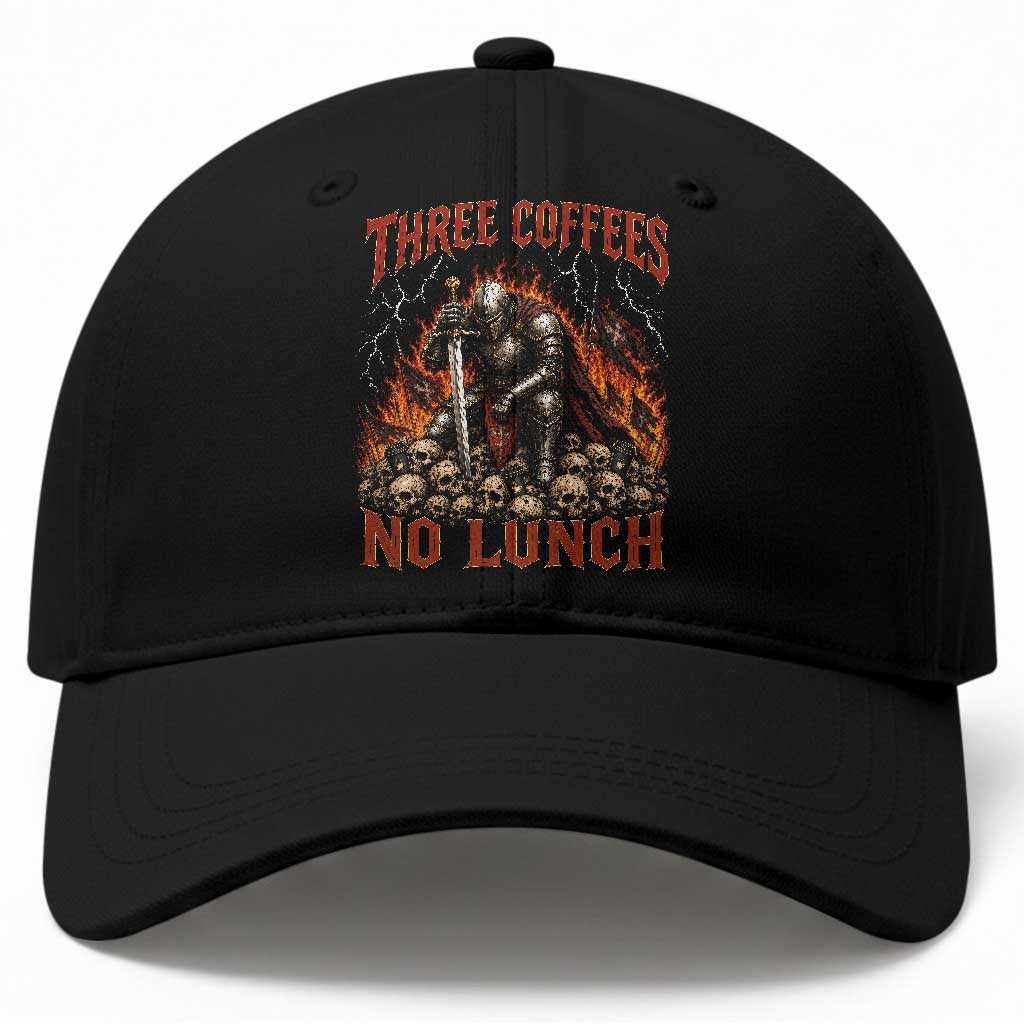 Three Coffees No Lunch Baseball Cap Funny Medieval Knight Coffee Lover