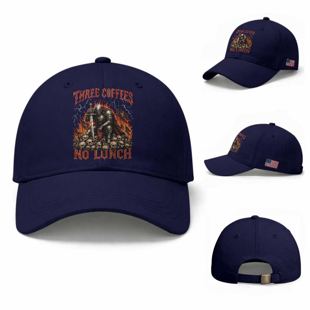 Three Coffees No Lunch Baseball Cap Funny Medieval Knight Coffee Lover